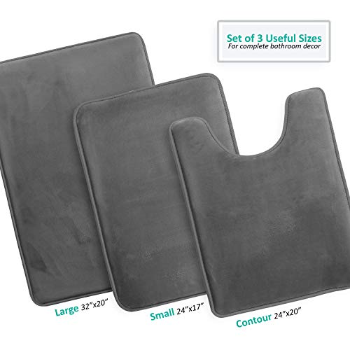 Clara Clark 3 Piece Bathroom Rugs Bath Mat Set, Velvet Memory Foam Bath Mats for Bathroom - Non-Slip, PVC Backing Bath Rugs, Washable - Dries Quickly, Grey - color: Dark Grey