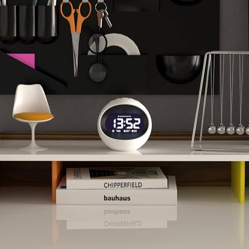 NEWGATE® Centre of the Earth Alarm Clock | Round Retro Digital LCD Clock | White | Ideal for Bedside, Desk or Shelf | Retro Bedroom & Office Accessory - color: White