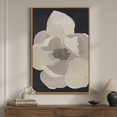 Framed Neutral Modern Floral Black and White Wall Art, Large Contemporary Canvas Prints, Elegant Minimalist Beige Botanical Flower Pictures for Living Room Dining Bedroom Hallway Wall Decor 24x36 In - color: Black White Flower