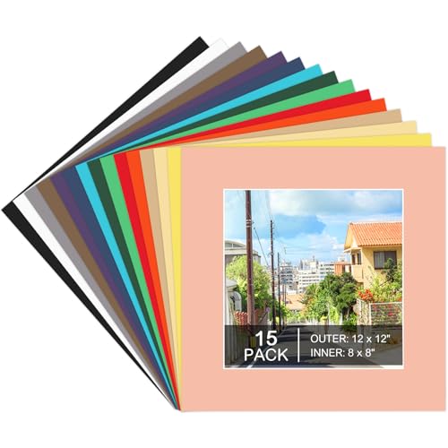 15 Pack 12x12 Picture Mats for 8x8 Photos, Mixed Colors, Bevel Cut | 15 Assorted Colors, Cream Core Back, 1.2 mm Thick Mat Board, Fits 8x8 Photos In 12x12 Frames, for Photos, Prints, Artwork - size: 12x12 for Photos 8x8