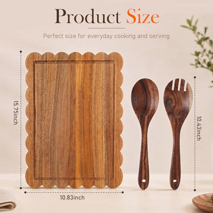 3 Pcs Housewarming Wedding Bridal Shower Kitchen Gift, Acacia Wood Scalloped Cutting Board with Salad Spoon Fork, Wooden Charcuterie Serving Tray Platter for New Home Party Table Decoration