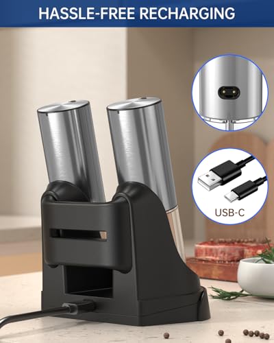 CIRCLE JOY 2-Speed Electric Salt and Pepper Grinder Set Rechargeable Stainless Steel Pepper Mills with Charging Base, LED Light and External Adjustable Coarseness for Hygienic Easy Use - color: Silver
