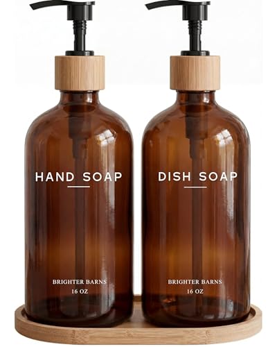 Amber Glass Hand and Dish Soap Dispenser Set by Brighter Barns - Kitchen Soap Dispenser Set with Tray - Bamboo Pump Bottles for Kitchen Sink - Modern Home Decor, Neutral Decor for Airbnb, Gift (Amber) - color: Amber Hd