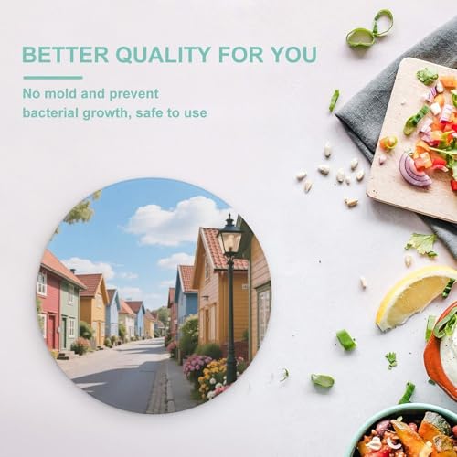 Cutting Board Colorful Wooden Houses Printed Cheese Delicatessen Cutting Board Round Tempered Glass Suitable for Kitchen Table Centerpiece