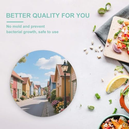 Cutting Board Colorful Wooden Houses Printed Cheese Delicatessen Cutting Board Round Tempered Glass Suitable for Kitchen Table Centerpiece