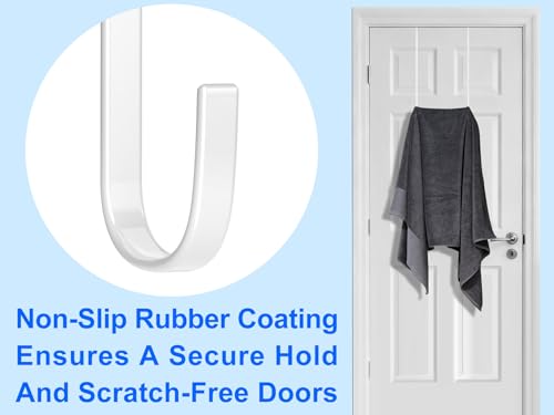 Single Extra Long Over Door Steel Hooks 4 Pack Fit 1-3/8" Door 14.2" White | Plastic Coated Rubber Feel Towel Rack Robe Coat Shoe Wreath Hanger No Damage No Scratch for Bathroom Heavy Duty Thin Top