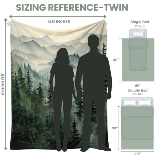 Sage Green Forest Twin Blanket, 60x80 in | for Nature Mountain, Cabin Tree Flannel Blankets, for Couch Bed Living Room Sofa, Decorative Patterned, Super Soft Cozy - size: 60"W x 80"L