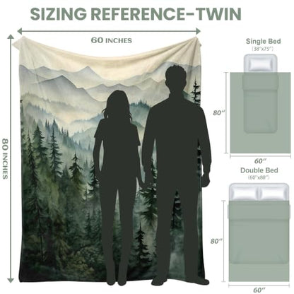 Sage Green Forest Twin Blanket, 60x80 in | for Nature Mountain, Cabin Tree Flannel Blankets, for Couch Bed Living Room Sofa, Decorative Patterned, Super Soft Cozy - size: 60"W x 80"L