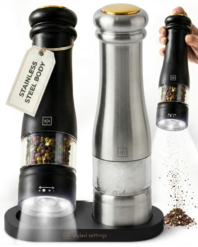 Styled Settings Electric Salt and Pepper Grinder Set, Black & silver | Automatic Stainless Steel Grinders, LED Light, Battery Operated, Adjustable Coarseness, Wood Base, Salt And Pepper Mill - color: Black & Silver