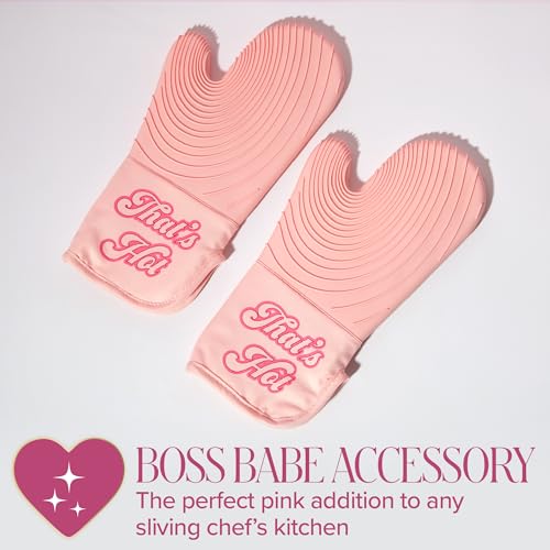Paris Hilton Oven Mitt Set with Iconic That's HOT Design, Heat Resistant Pot Holders Featuring Non-Slip Textured Silicone Grips, 2-Piece Set, Pink - style: That's Hot