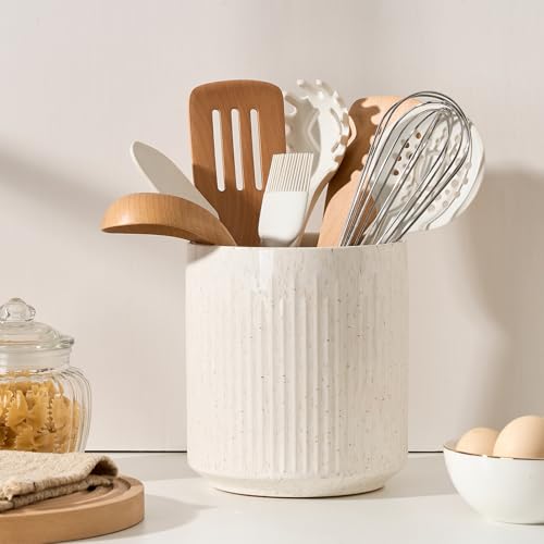 JIEMEI HOME Kitchen Utensil Holder, 7.2" Large Ceramic Stable Utensil Crock for Countertop, Utensil Organizer with Cork Mat, Removable Bamboo Divider for Easy, Kitchen Decor, Aged Ivory Speckle - color: Aged Ivory Speckle