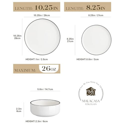 MALACASA Plates and Bowls Sets, 24 Pieces Modern Porcelain Dinnerware Set for 8 White Kitchen Dinner Dining Ware Set wtih Black Rim Ceramic Dishware Dishes Microwave and Dishwasher Safe, Series LUNA | Modern Ceramic Dishware Set,Kitchen Dining Ware,Microw