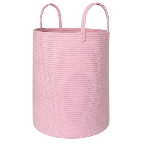 Large Pink Laundry Basket, 15"x18" Tall Blanket Storage for Living Room, Woven Cotton Rope Laundry Hamper for Girls Baby, Pink Room Decor Aesthetic, Decorative Clothes Hamper for Towels Toys - color: Pink, size: 15"D x 18"H