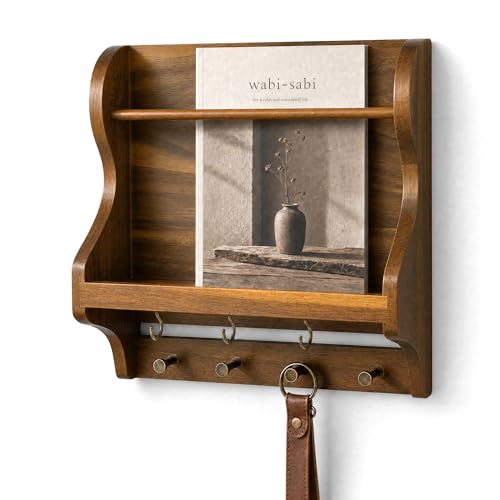 Acacia Wood Mail Organizer Wall Mount with 7 key Hooks Home Decor, Brown | Decorative Mail Holder for Wall, Key Hanger for Sunglasses and Wallets, Rustic Magazine Holder for Paper Storage, Living Room - color: Acacia Wood
