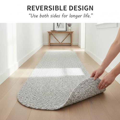 Farmhouse Braided Runner Rug 2x6 Gray & White – Reversible Cotton Blend Hallway, Kitchen, Bedroom & Entry Rug – Soft, Durable, Handcrafted, Low-Profile Indoor Mat - color: Gray & White, size: 2' x 6' (Oval)