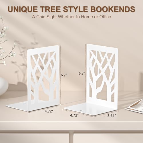 VFINE Withe Bookend 6-Piece, Tree Design Bookends for Shelves, Metal Book Ends for Desk, Decoration Stylish Bookshelf Bookends for Home Office School Supplies - style: White bookend 3 pairs