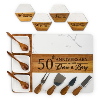AWESOMETIK - Personalized 50th ANNIVERSARY - Acacia Wood & Marble Charcuterie Board – Custom Engraved Cheese Board with Knife Set – Perfect Wedding & Housewarming Gift