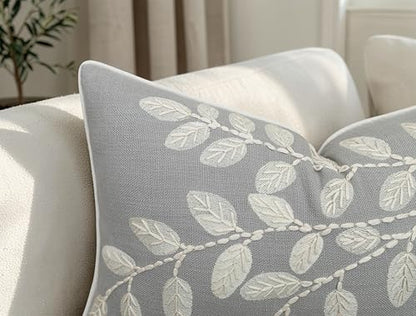 Rudransha Hand Embroidered Cotton Lumbar Pillow Cover - 12x20 Light Grey Botanical Leaf Accent - Hazel Leaves - color: Light Grey-hazel, size: 20" x 12" (Pack of 1)