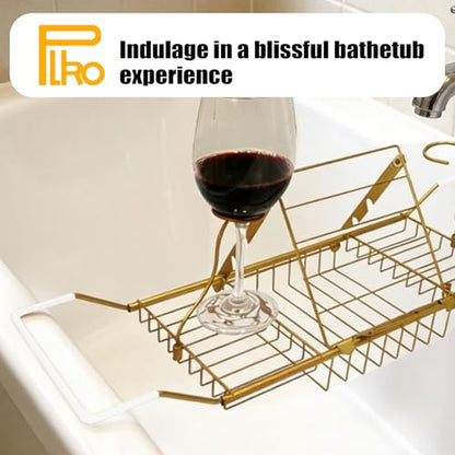 Bathtub Caddy Tray, Expandable Bath Tub Table with Removable Book Holder Red Wine Rack Holder, for Home Kitchen Bathroom,Gold - color: Gold