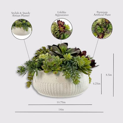 Round Faux Succulent Arrangement, 12" Premium Artificial Indoor Plant Enhances Interior Design, Display on any Surface in Your Home Adding an Inviting Touch of Nature, White Planter Pot Included - size: 12" Round White