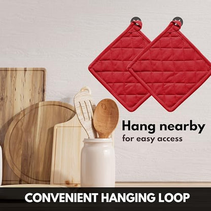 Oven Mitt + Pot Holder 100% Cotton Heat Resistant Kitchen Oven Gloves (7"x13") & Hot Pads (8"x8") for Gifts, Chef, Women & Men - Red - color: Red