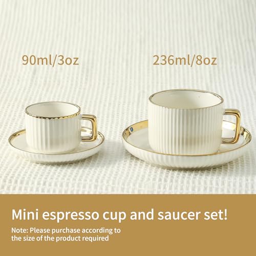 LETAOTAO Espresso Cups Set of 4, 3oz Espresso Cups and Saucers | Ceramic Coffee Cups with Gold Trim, Stackable Mini Demitasse Mugs for Espresso, Cappuccino,Latte, Americano and Tea - size: 3 Ounces