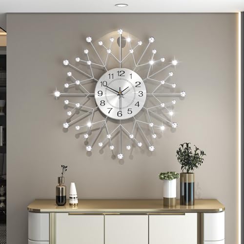 Large Decorative Silver Crystal Wall Clock for Living Room Decor | 24 Inch Big Modern Metal Wall Clock Battery Operated Non Ticking Quality Quartz Silent Clock for Kitchen Office Bedroom - style: Contemporary