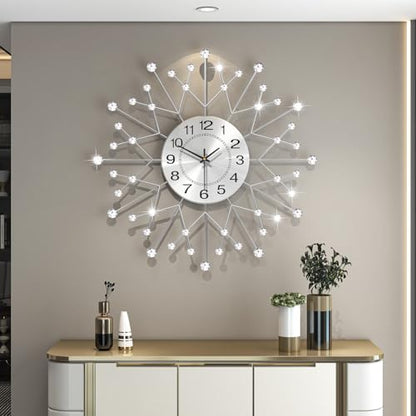 Large Decorative Silver Crystal Wall Clock for Living Room Decor | 24 Inch Big Modern Metal Wall Clock Battery Operated Non Ticking Quality Quartz Silent Clock for Kitchen Office Bedroom - style: Contemporary