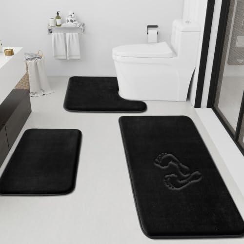Bathroom Rugs Sets 3 Piece, Non-Slip & Quick Dry Bath Mat Set, Ultra Soft Velvet Bath Rugs for Bathroom, Toilet and Shower Floor, Black - color: Black, size: 17"x24"+20"x48"+U Shape 20"x24"