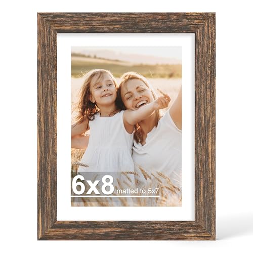Hongkee 6x8 Picture Frame with Real Glass Wood Frame, 1 Pack (with Mat 5x7) | Rustic Brown, Display 6 x 8 No Mat for Wall and Tabletop for Photos, Artwork; Fits Home, Office & Gallery Wall Decor - color: Rustic Brown, size: 6X8 in