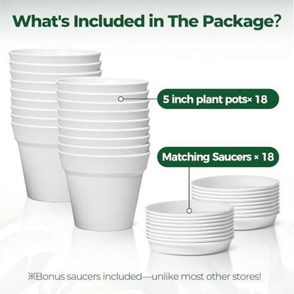 T4U Small Plant Pots 5 Inch 18 Pack, Plastic Flower Pots with Saucer White | Nursery containers for succulents cactus herbs, Desk windowsill shelf, Violet african violet, Compact lightweight - color: White, size: 5 In