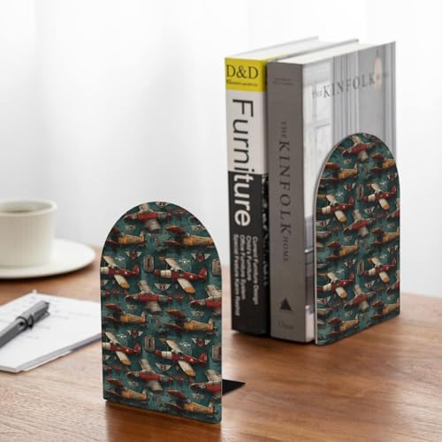 Airplanes and Aviation Signs (2) Print Wooden Bookends,1 Pair Book Ends,Book Organizer for Office Desk, Home and School