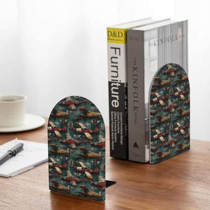 Airplanes and Aviation Signs (2) Print Wooden Bookends,1 Pair Book Ends,Book Organizer for Office Desk, Home and School