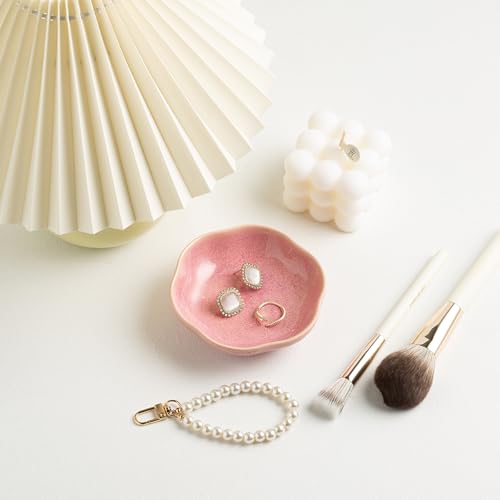BEUNAIZER Ceramic Ring Dish, 4.3 in Flower Jewelry Tray with Raised Sides | Deep flower shape helps hold more small items and reduces the chance of jewelry sliding out. - color: pink