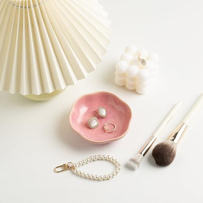 BEUNAIZER Ceramic Ring Dish, 4.3 in Flower Jewelry Tray with Raised Sides | Deep flower shape helps hold more small items and reduces the chance of jewelry sliding out. - color: pink