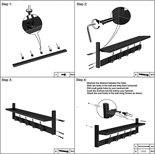 AMBIRD Wall Hooks with Shelf Entryway Hanging Wood Coat Hooks with Shelf Wall-Mounted Coat Hook Rack with 5 Dual Hooks for Bathroom, Living Room, Bedroom (Stylish Black) - size: 28.9inch, style: Stylish