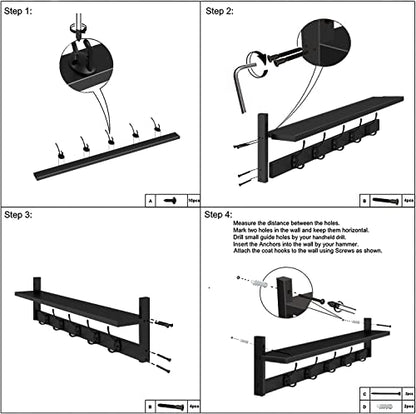 AMBIRD Wall Hooks with Shelf Entryway Hanging Wood Coat Hooks with Shelf Wall-Mounted Coat Hook Rack with 5 Dual Hooks for Bathroom, Living Room, Bedroom (Stylish Black) - size: 28.9inch, style: Stylish