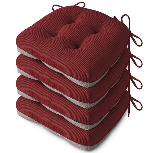 Anti Slip Kitchen Chair Cushions Set of 4 18"X16.5"X3" Red | Elegant Breathable Textured Fabric, with Ties, Tufted, Thick Polyester Filling, for Dining Chairs, Folding Chairs, Office - color: Red