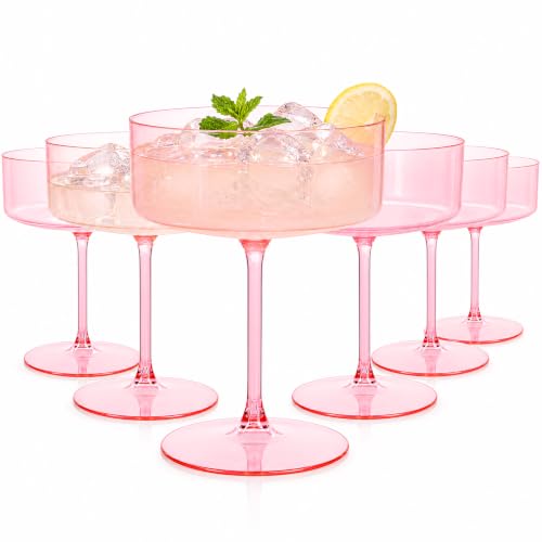 Ciaell 12 Pack 10 oz Pink Plastic Martini Glasses for Bar | Heavy Duty Plastic, Stemmed Coupe Shape, Cocktail Margarita Whiskey and Wine Service, Weddings and Parties - color: Basic Pink