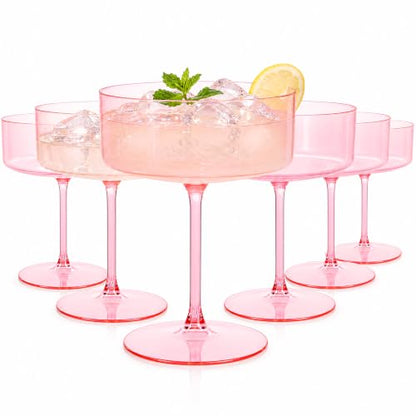 Ciaell 12 Pack 10 oz Pink Plastic Martini Glasses for Bar | Heavy Duty Plastic, Stemmed Coupe Shape, Cocktail Margarita Whiskey and Wine Service, Weddings and Parties - color: Basic Pink