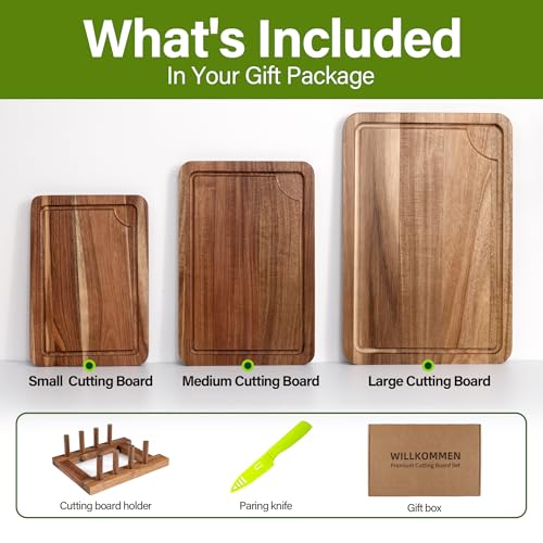 WILLKOMMEN Acacia Wood Cutting Board Set for Kitchen, 3-Piece Chopping Boards with Stand & Juice Groove & Handles, Heavy Duty Wooden Butcher Block for Meat, Vegetables (Small, Medium, Large) - color: Acacia Wood Set of 3
