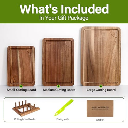 WILLKOMMEN Acacia Wood Cutting Board Set for Kitchen, 3-Piece Chopping Boards with Stand & Juice Groove & Handles, Heavy Duty Wooden Butcher Block for Meat, Vegetables (Small, Medium, Large) - color: Acacia Wood Set of 3