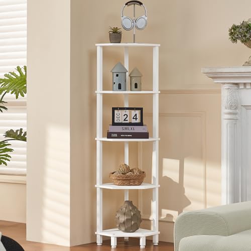 YUFAM 5-Tier Corner Shelf, White | Wooden Corner Bookshelf for Small Spaces, Corner Standing Shelf with Sturdy 5-Leg Base - color: White, size: 5 Tier
