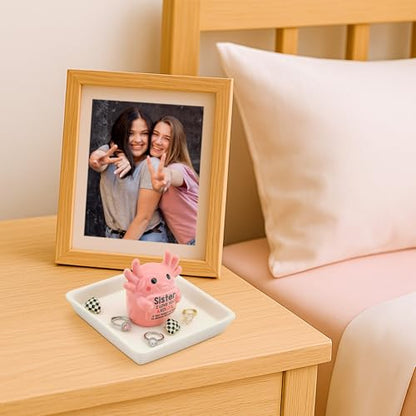 Sister Birthday Gifts for Sister, Pink Ceramic Axolotl Ring Holder Dish | Cute Pink Axolotl Jewlery Tray with 'I love you axolotl' Birthday Christmas Gift for Sister from Brother - style: Axolotl Sister