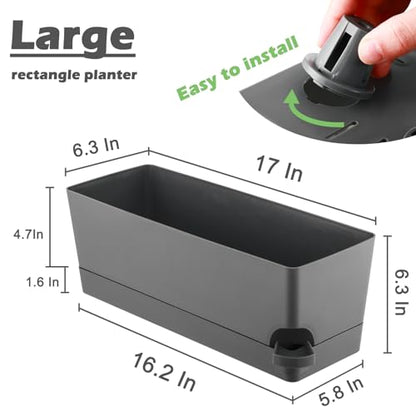 2 Pack Rectangle Self Watering Pots for Indoor Plants 17 Inches Window Boxes Planters Rectangular Flower Pots Herb Large Plant Pots with Drainage Holes and Saucers Windowsill Planter, Grey - color: Gray