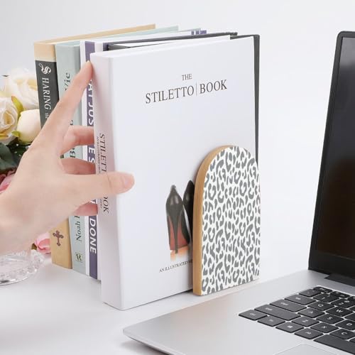 Personalized Wood Book Ends Metal Base Gray Leopard Print Pattern Printing Bookend Modern Heavy Duty Bookends for Home Or Office 1 Pair - color: Gray Leopard Print Pattern