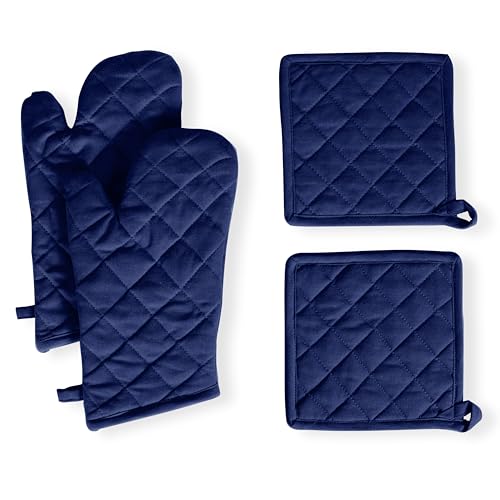 Native Fab 4 Piece Set - 2 Oven Mitts & 2 Potholders, Heat Resistant, 100% Cotton, Quilted Design, Non-Slip Grip, Machine Washable, Ideal for Baking, Cooking, BBQ, Kitchen Protection - Ink Blue - color: Indigo Blue