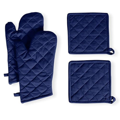 Native Fab 4 Piece Set - 2 Oven Mitts & 2 Potholders, Heat Resistant, 100% Cotton, Quilted Design, Non-Slip Grip, Machine Washable, Ideal for Baking, Cooking, BBQ, Kitchen Protection - Ink Blue - color: Indigo Blue