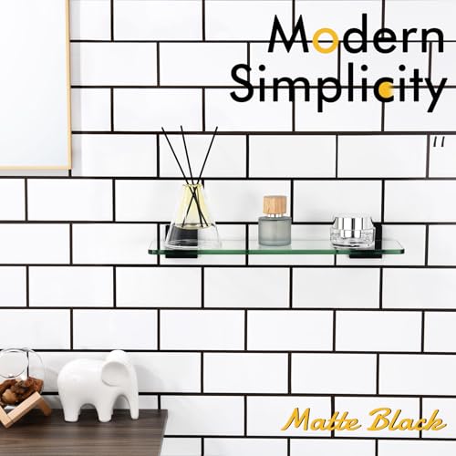 KOKOSIRI Bathroom Glass Shelf 16-Inch Tempered Glass Floating Shelves Shower Storage Kitchen Hanging Rack Wall Mount, Black Stainless Steel B1107BK-L16 - color: Matte Black, size: 16-Inch