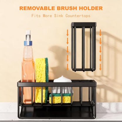 Stainless Steel Sink Caddy Sponge Holder for Kitchen Sink, Countertop Organization Storage with Movable High Brush Holder, Soap Dispenser Set Tray Counter Storage Rack, Home Decor Accessories ﻿